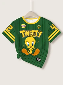 LOONEY TUNES X SHEIN Tween Girl Round Neck Letter Cartoon Print Casual Everyday Short Sleeve T-Shirt - White - View 3