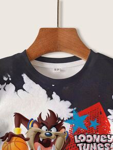 LOONEY TUNES X SHEIN Young Boy Cartoon & Letter Graphic Short Sleeve Tee - White - View 3