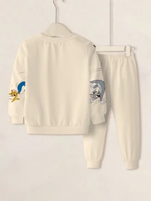 TOM & JERRY X SHEIN 小男孩字母卡通印花長袖運動衫與運動長褲休閒套裝 - 白色 - 查看 2