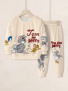 TOM & JERRY X SHEIN 小男孩字母卡通印花長袖運動衫與運動長褲休閒套裝 - 白色 - 查看 1