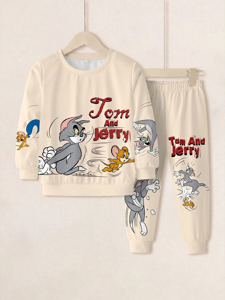 TOM & JERRY X SHEIN 小男孩字母卡通印花長袖運動衫與運動長褲休閒套裝 - 白色 - 查看 1