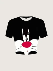 LOONEY TUNES X SHEIN 女款卡通印花圓領短袖修身T恤 - 白色 - 查看 1