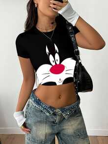 LOONEY TUNES X SHEIN 女款卡通印花圓領短袖修身T恤 - 白色 - 查看 5