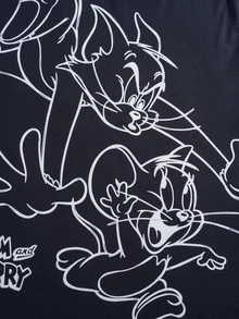 TOM & JERRY X SHEIN قميص تي شيرت كاجوال للرجال مطبوع برسوم كرتونية، صيفي - الأسود - مشاهدة 6