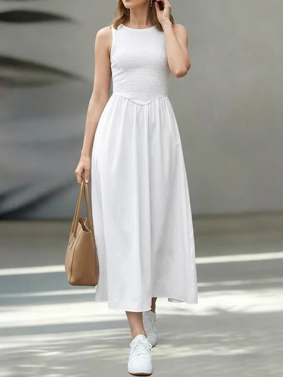 Maija Women's Mid-Length Sleeveless A-Line Flared White Autumn Elegant Tea Party Dress,Patchwork Solid Color Fitted Casual Party Beach Vacation Outfits