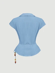 SHEIN MOD Women's Textured Fashion Asymmetrical Hem Pleated Beaded Tie-Up Shirt - Blue - View 4