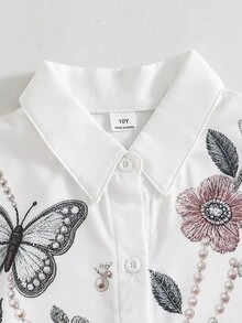 SHEIN 青少年女孩秋季上衣 女孩白色襯衫 | 蝴蝶花卉印花 | 寬鬆飄逸、休閒、穿搭、舒適、日常、極簡、秋季 - 白色 - 查看 8