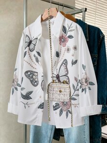 SHEIN 青少年女孩秋季上衣 女孩白色襯衫 | 蝴蝶花卉印花 | 寬鬆飄逸、休閒、穿搭、舒適、日常、極簡、秋季 - 白色 - 查看 5