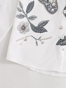 SHEIN 青少年女孩秋季上衣 女孩白色襯衫 | 蝴蝶花卉印花 | 寬鬆飄逸、休閒、穿搭、舒適、日常、極簡、秋季 - 白色 - 查看 6