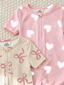 SHEIN [2 Sets Random] Baby Girls Summer Short Sleeve & Shorts Snug Fit Pajamas Heart Floral Cartoon Animal Print Soft Lightweight Knit Romper - Multicolor - View 3