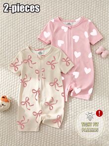 SHEIN [2 Sets Random] Baby Girls Summer Short Sleeve & Shorts Snug Fit Pajamas Heart Floral Cartoon Animal Print Soft Lightweight Knit Romper - Multicolor - View 1