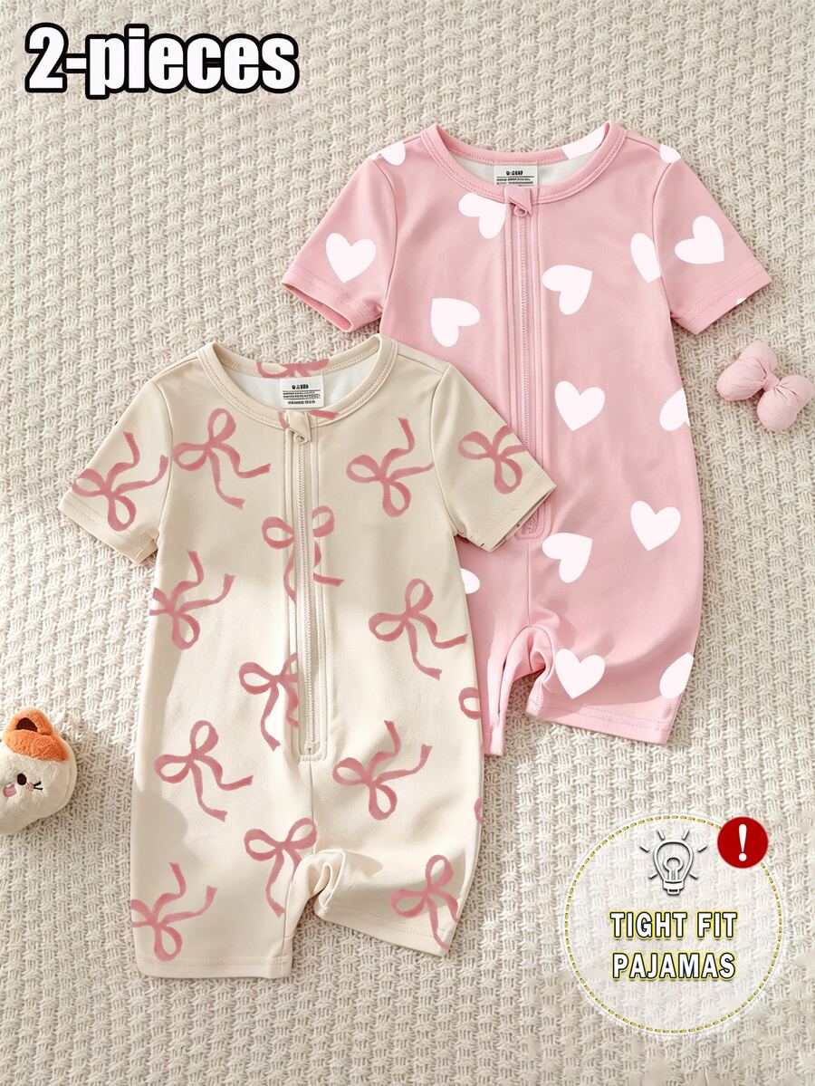 SHEIN [2 Sets Random] Baby Girls Summer Short Sleeve & Shorts Snug Fit Pajamas Heart Floral Cartoon Animal Print Soft Lightweight Knit Romper - Multicolor - View 1