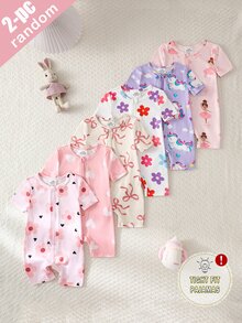 SHEIN [2 Sets Random] Baby Girls Summer Short Sleeve & Shorts Snug Fit Pajamas Heart Floral Cartoon Animal Print Soft Lightweight Knit Romper - Multicolor - View 6
