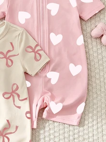 SHEIN [2 Sets Random] Baby Girls Summer Short Sleeve & Shorts Snug Fit Pajamas Heart Floral Cartoon Animal Print Soft Lightweight Knit Romper - Multicolor - View 5
