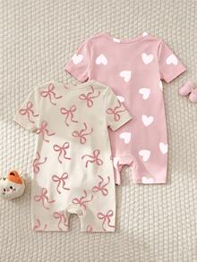 SHEIN [2 Sets Random] Baby Girls Summer Short Sleeve & Shorts Snug Fit Pajamas Heart Floral Cartoon Animal Print Soft Lightweight Knit Romper - Multicolor - View 2