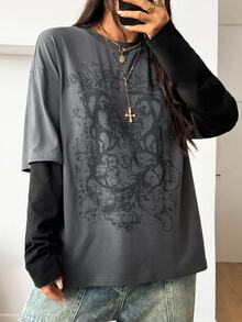 Coolane 女式冬季/秋季街头休闲嬉皮学院风垃圾摇滚朋克哥特棉质图案超大长袖 T 恤 - 深灰色 - 查看 5