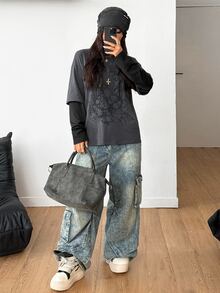 Coolane 女式冬季/秋季街头休闲嬉皮学院风垃圾摇滚朋克哥特棉质图案超大长袖 T 恤 - 深灰色 - 查看 7
