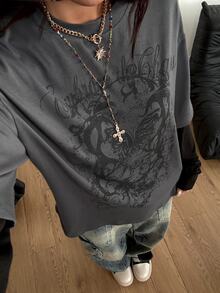 Coolane 女式冬季/秋季街头休闲嬉皮学院风垃圾摇滚朋克哥特棉质图案超大长袖 T 恤 - 深灰色 - 查看 4