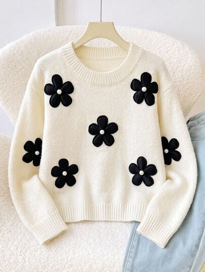 SHEIN Young Girl Knitted 3D Floral Crew Neck Casual Sweater
