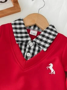 SHEIN Playful Pals 男嬰紅色2合1黑白格紋領小馬印花上衣與黑色長褲套裝 秋季 - 紅色 - 查看 5