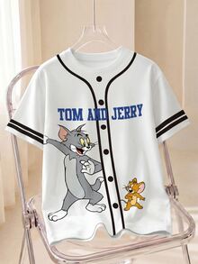 TOM & JERRY X SHEIN 女款大尺碼落肩印花寬鬆休閒T恤 - 白色 - 查看 1