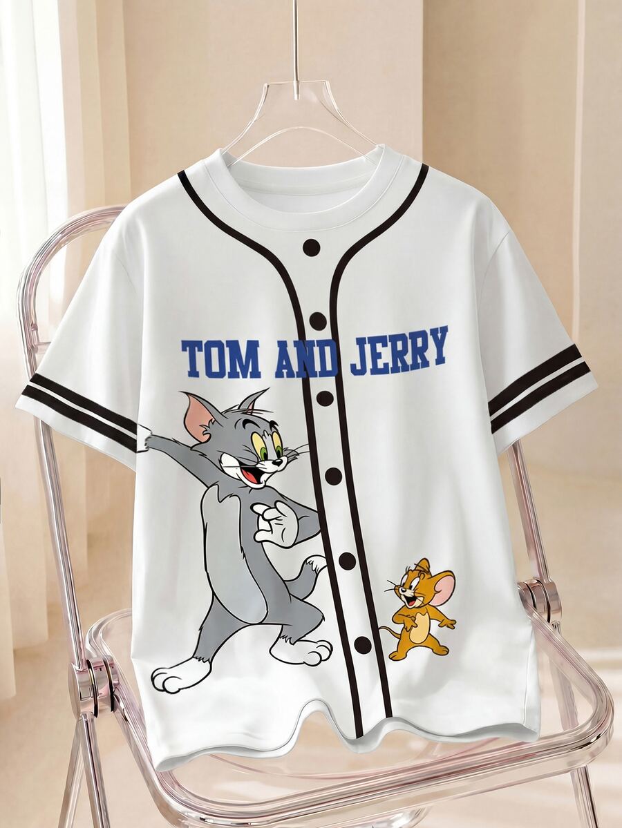 TOM & JERRY X SHEIN 女款大尺碼落肩印花寬鬆休閒T恤 - 白色 - 查看 1