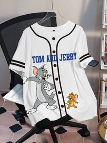 TOM & JERRY X SHEIN 女款大尺碼落肩印花寬鬆休閒T恤 - 白色 - 查看 3