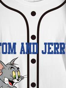 TOM & JERRY X SHEIN 女款大尺碼落肩印花寬鬆休閒T恤 - 白色 - 查看 5
