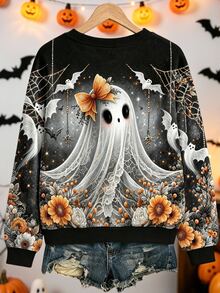 EMERY ROSE Plus-Size Women's Retro Fun Spider And Ghost Print Long-Sleeved Sweatshirt Halloween - Multicolor - View 2