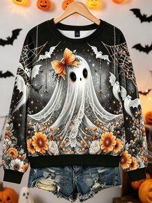 EMERY ROSE Plus-Size Women's Retro Fun Spider And Ghost Print Long-Sleeved Sweatshirt Halloween - Multicolor - View 1