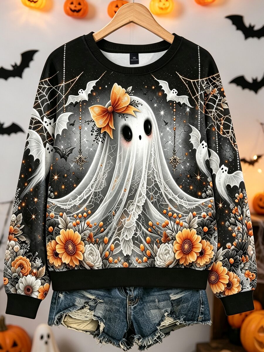 EMERY ROSE Plus-Size Women's Retro Fun Spider And Ghost Print Long-Sleeved Sweatshirt Halloween - Multicolor - View 1
