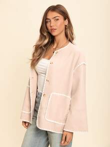 Coeurva Chaqueta casual con botones, bolsillos y ribetes en color contrastante, de manga larga para otoño e invierno - Multicolor - Ver 8
