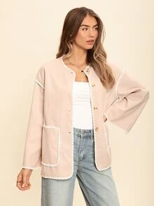 Coeurva Chaqueta casual con botones, bolsillos y ribetes en color contrastante, de manga larga para otoño e invierno - Multicolor - Ver 6