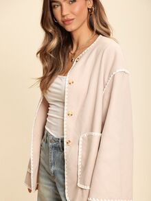 Coeurva Chaqueta casual con botones, bolsillos y ribetes en color contrastante, de manga larga para otoño e invierno - Multicolor - Ver 4
