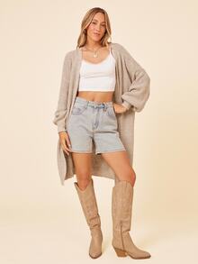 SHEIN X Lucía Bellido Coeurva Drop Shoulder Ribbed Knit Duster Cardigan,Long Sleeve Tops - Beige - View 8