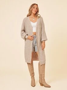 SHEIN X Lucía Bellido Coeurva Drop Shoulder Ribbed Knit Duster Cardigan,Long Sleeve Tops - Beige - View 6