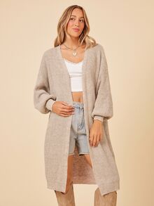 SHEIN X Lucía Bellido Coeurva Drop Shoulder Ribbed Knit Duster Cardigan,Long Sleeve Tops - Beige - View 5