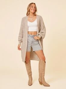 SHEIN X Lucía Bellido Coeurva Drop Shoulder Ribbed Knit Duster Cardigan,Long Sleeve Tops - Beige - View 7