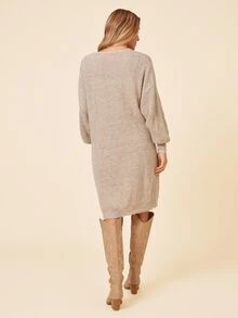 SHEIN X Lucía Bellido Coeurva Drop Shoulder Ribbed Knit Duster Cardigan,Long Sleeve Tops - Beige - View 3