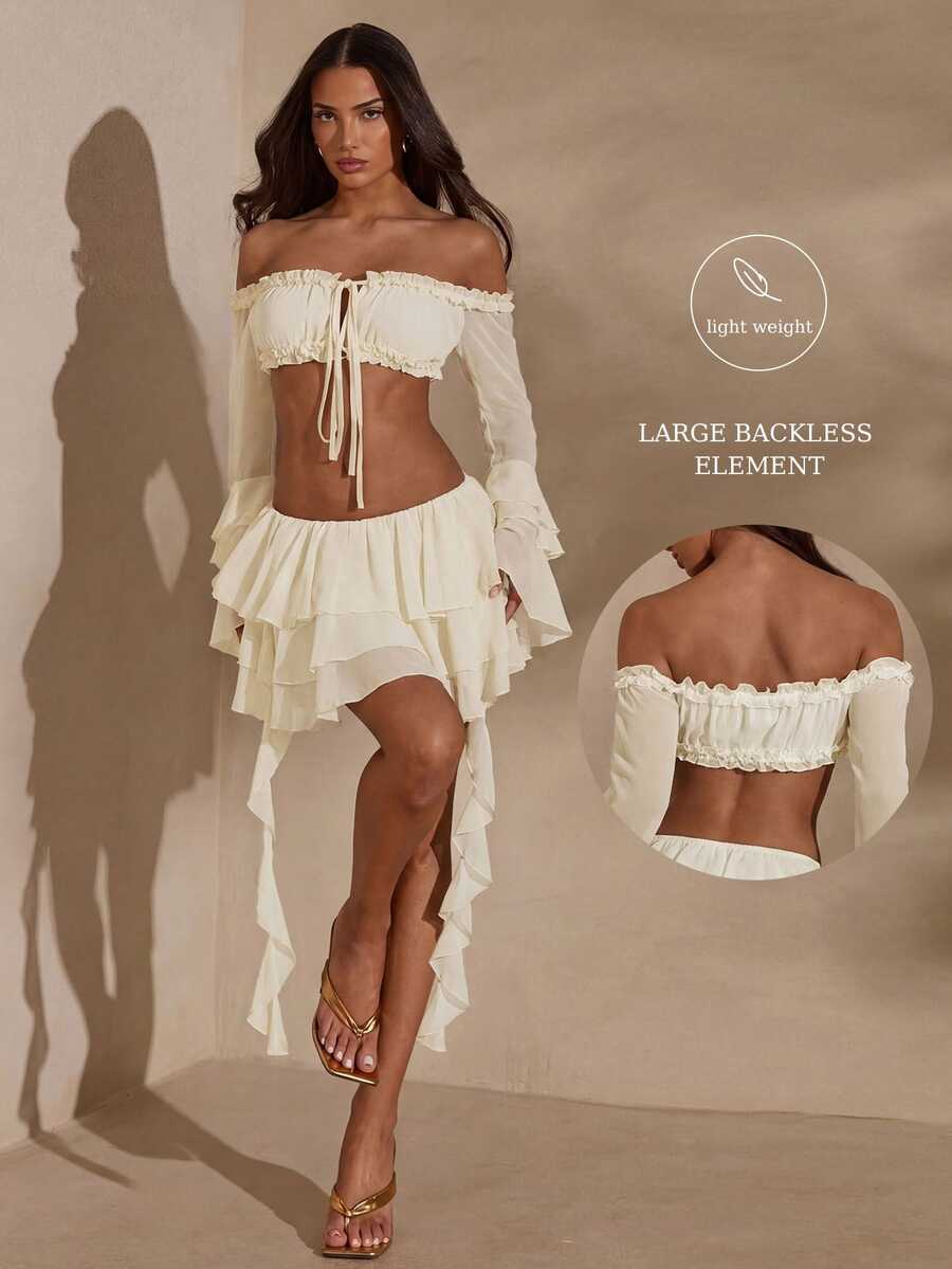 SHEIN Glamour 夏季性感露肩喇叭袖短款上衣和荷叶边迷你裙两件套 - 杏色 - 查看 1