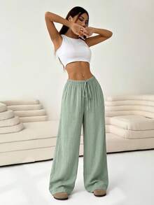 Solflare Green Casual Plus Size Drawstring Waist Loose Straight Leg Pants - Green - View 4