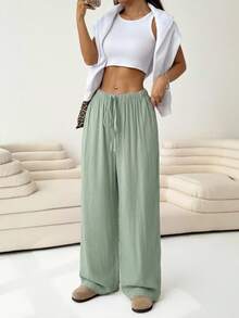 Solflare Green Casual Plus Size Drawstring Waist Loose Straight Leg Pants - Green - View 3
