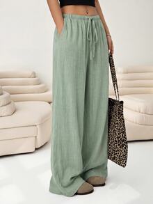 Solflare Green Casual Plus Size Drawstring Waist Loose Straight Leg Pants - Green - View 5
