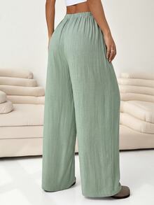 Solflare Green Casual Plus Size Drawstring Waist Loose Straight Leg Pants - Green - View 2