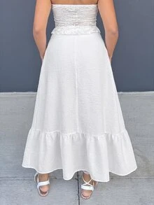 Alexandranx 女士纯色纹理面料荷叶边长裙，夏季 - 白色 - 查看 2