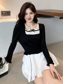 DAZY 女士休闲拼色蝴蝶结短袖T恤可爱上衣挤奶女工上衣长袖上衣 - 黑色 - 查看 5