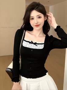 DAZY 女士休闲拼色蝴蝶结短袖T恤可爱上衣挤奶女工上衣长袖上衣 - 黑色 - 查看 3