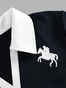 SHEIN Tween女孩馬匹圖案拼色 Polo 領長袖針織海軍藍 2 件套裝 - 彩色 - 查看 5