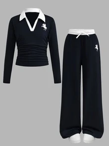 SHEIN Tween女孩馬匹圖案拼色 Polo 領長袖針織海軍藍 2 件套裝 - 彩色 - 查看 3