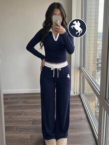 SHEIN Tween女孩馬匹圖案拼色 Polo 領長袖針織海軍藍 2 件套裝 - 彩色 - 查看 2